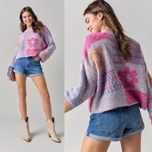 Moon & Madison Multicolor Cropped Patchwork Wool Blend Sweater Size S